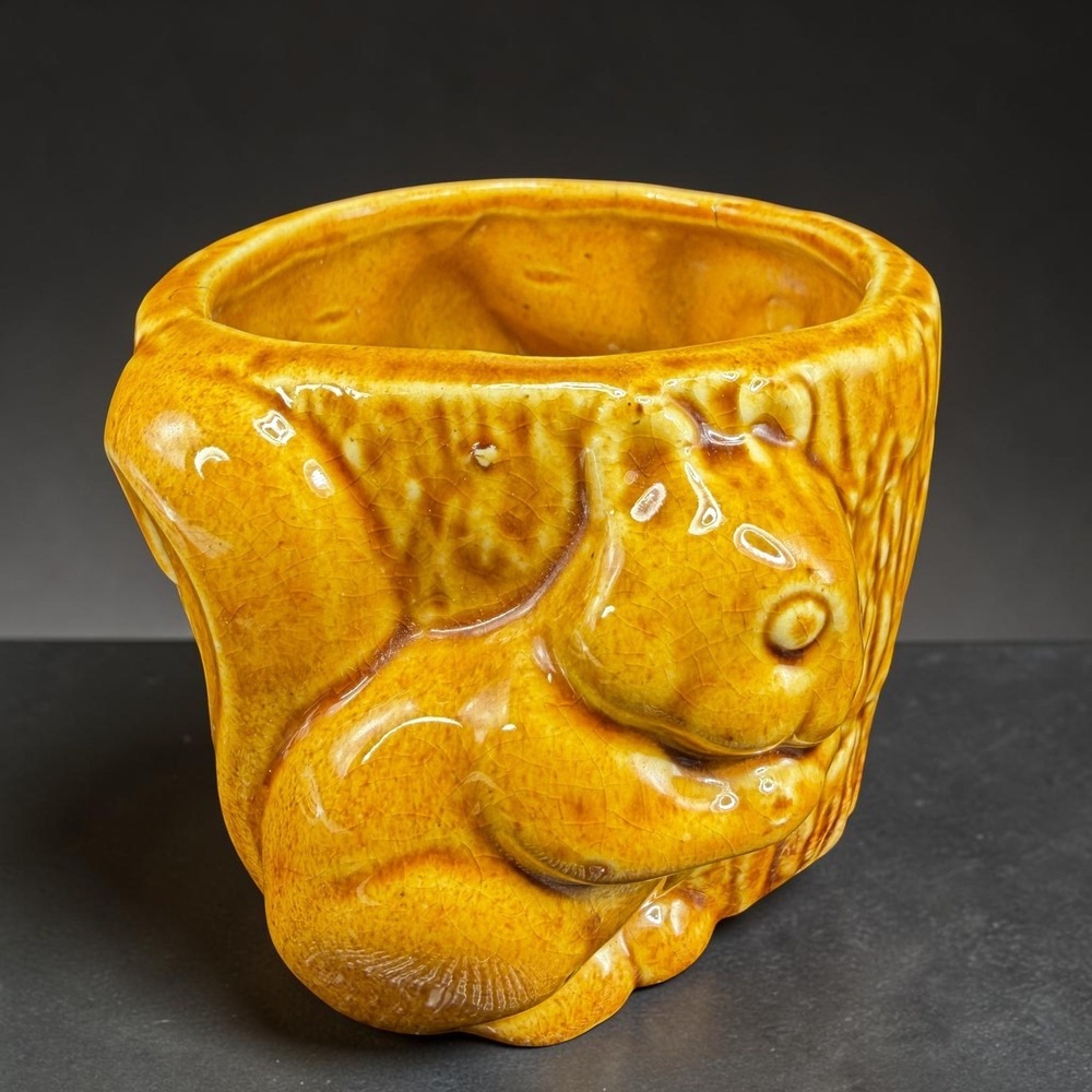 Vintage Squirrel Tree Trunk Planter Golden Amber Crackle Glaze 513 USA Pottery